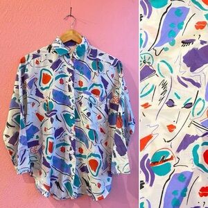 Abstract Face Print Button-Down Shirt - White / Teal / Purple